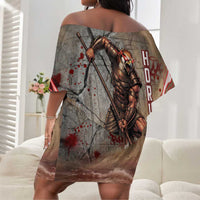 Horus Behdety Warrior Off Shoulder Short Dress with Falcon Mask and Spear Ancient Egyptian Combat