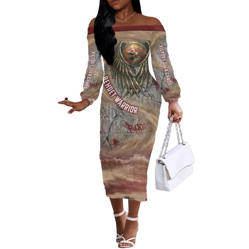 Horus Behdety Warrior Off The Shoulder Long Sleeve Dress with Falcon Mask and Spear Ancient Egyptian Combat