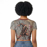 Horus Behdety Warrior Raglan Cropped T shirt with Falcon Mask and Spear Ancient Egyptian Combat