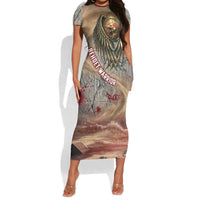 Horus Behdety Warrior Short Sleeve Bodycon Dress with Falcon Mask and Spear Ancient Egyptian Combat