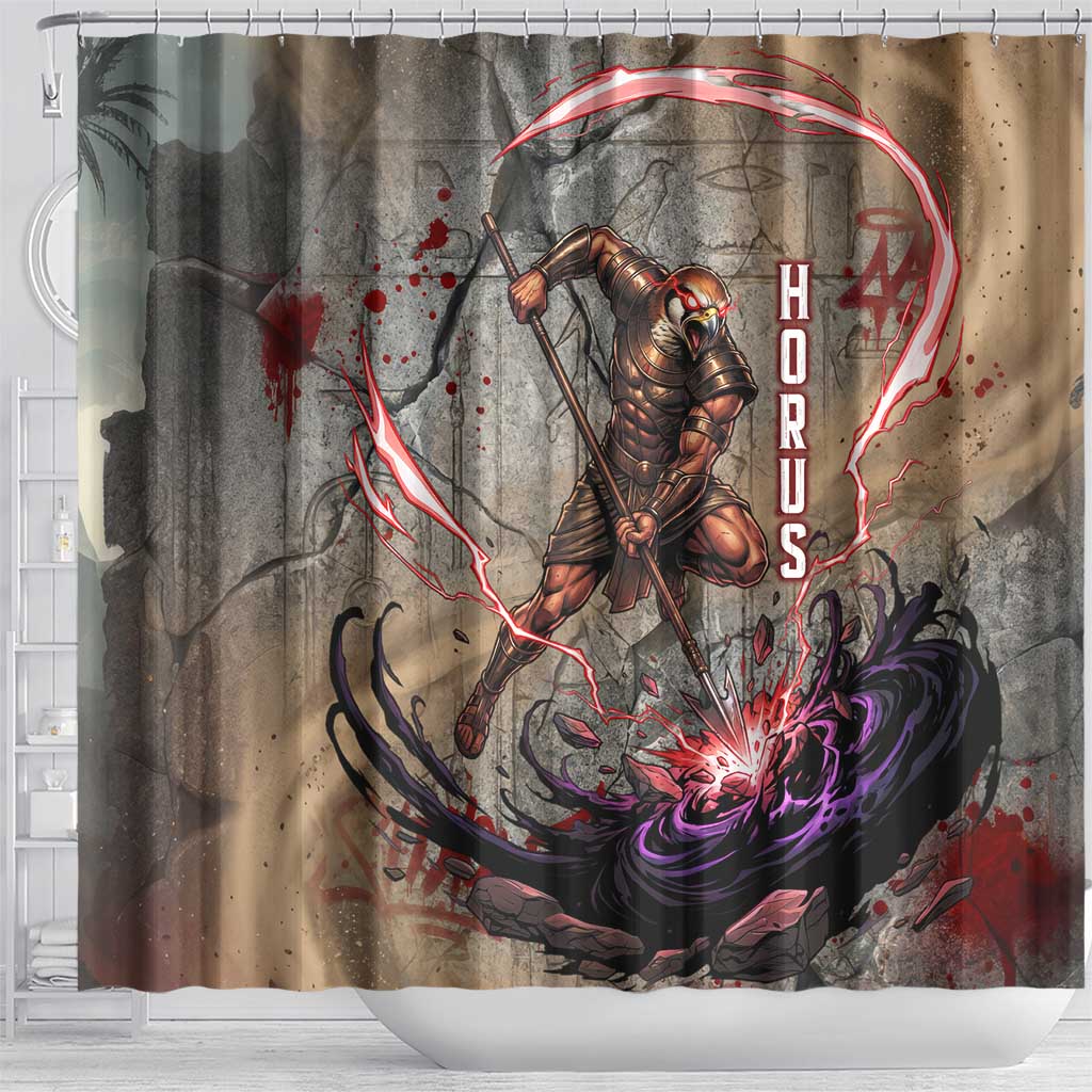 Horus Behdety Warrior Shower Curtain with Falcon Mask and Spear Ancient Egyptian Combat