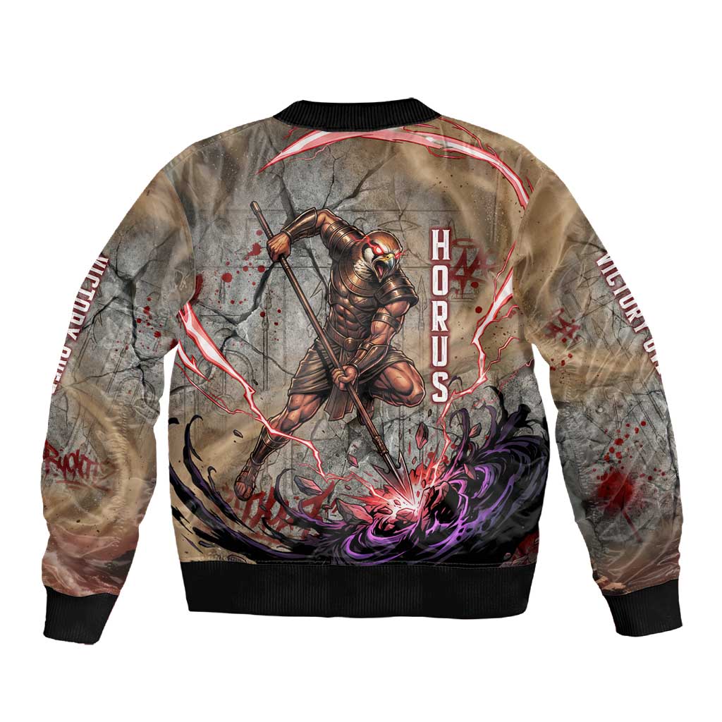 Horus Behdety Warrior Sleeve Zip Bomber Jacket with Falcon Mask and Spear Ancient Egyptian Combat