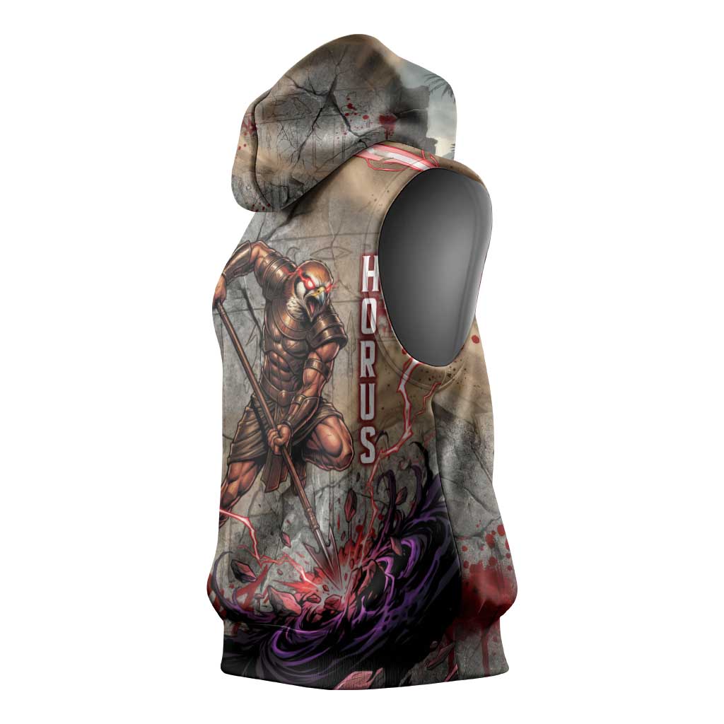 Horus Behdety Warrior Sleeveless Hoodie with Falcon Mask and Spear Ancient Egyptian Combat