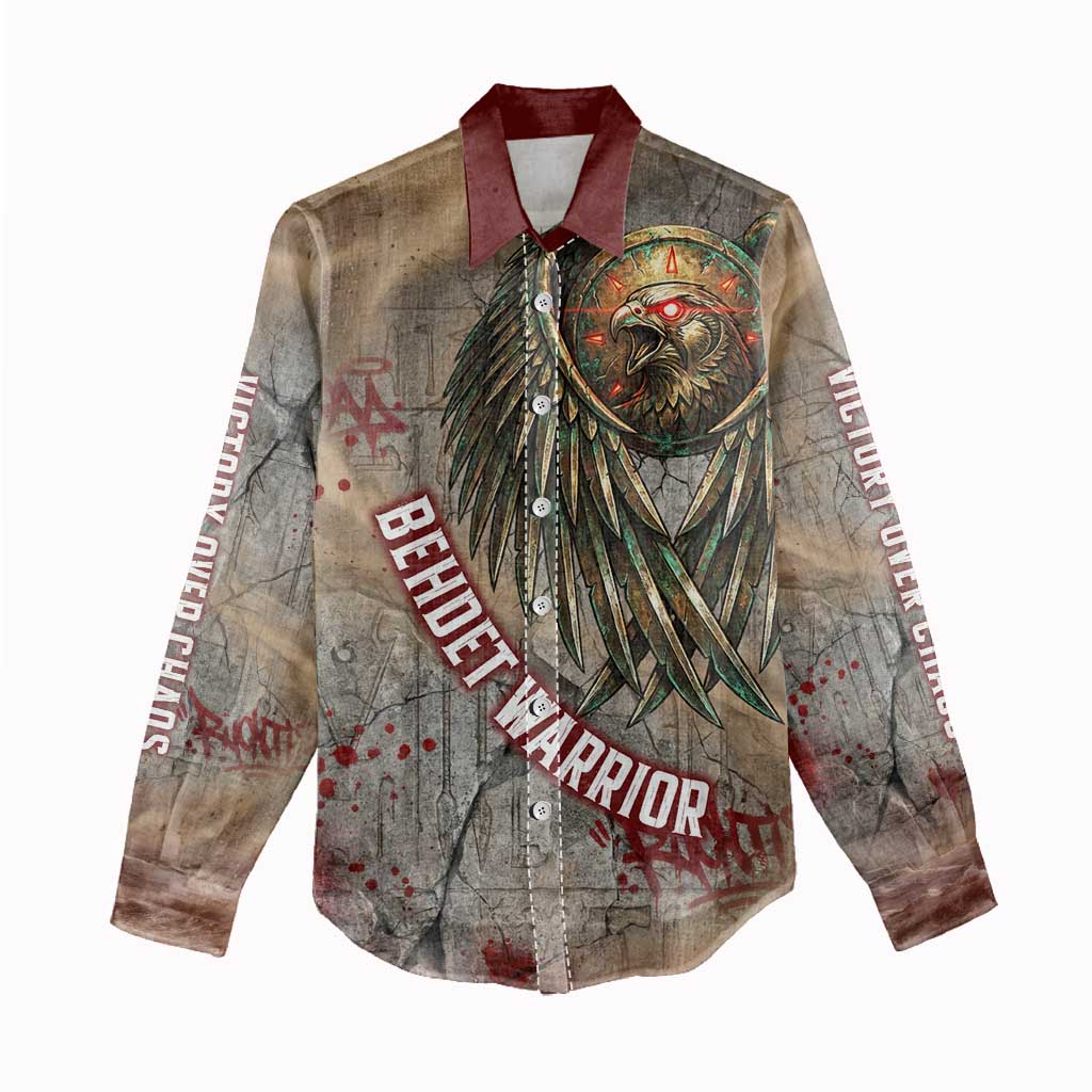 Horus Behdety Warrior Women Casual Shirt with Falcon Mask and Spear Ancient Egyptian Combat