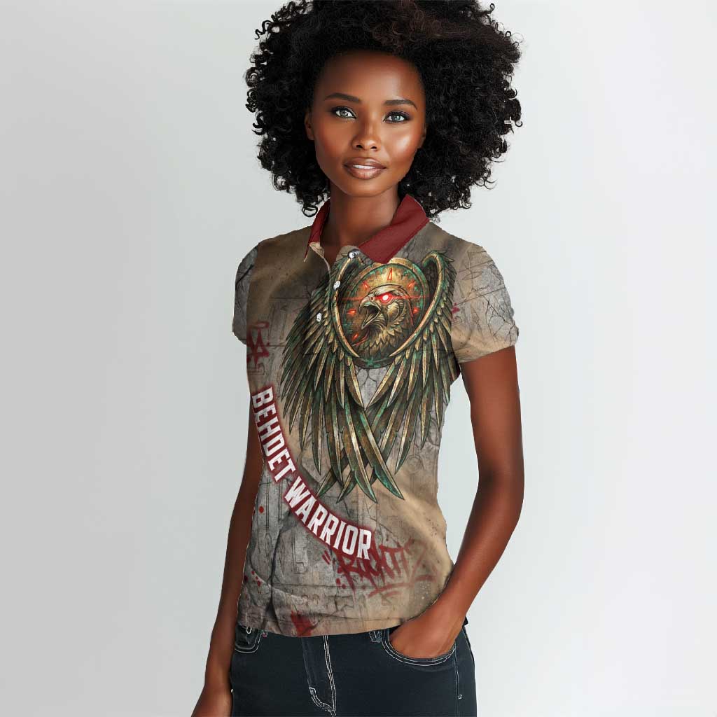 Horus Behdety Warrior Women Polo Shirt with Falcon Mask and Spear Ancient Egyptian Combat
