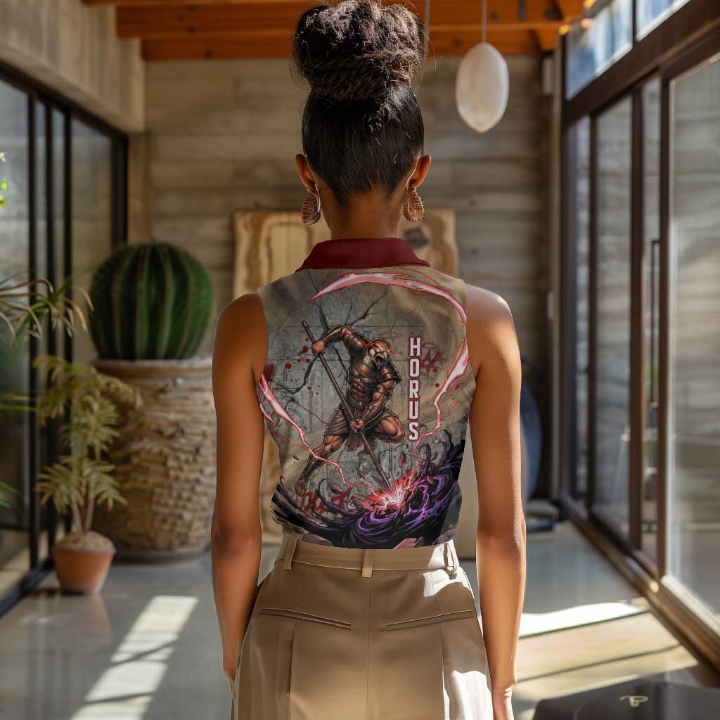 Horus Behdety Warrior Women Sleeveless Polo Shirt with Falcon Mask and Spear Ancient Egyptian Combat