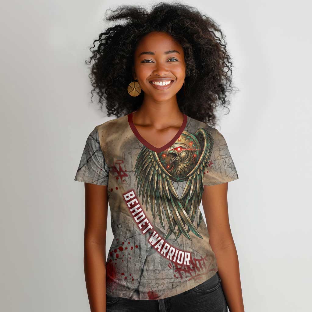 Horus Behdety Warrior Women V-Neck T-Shirt with Falcon Mask and Spear Ancient Egyptian Combat