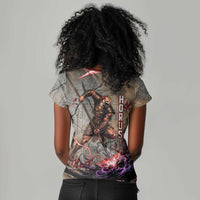 Horus Behdety Warrior Women V-Neck T-Shirt with Falcon Mask and Spear Ancient Egyptian Combat