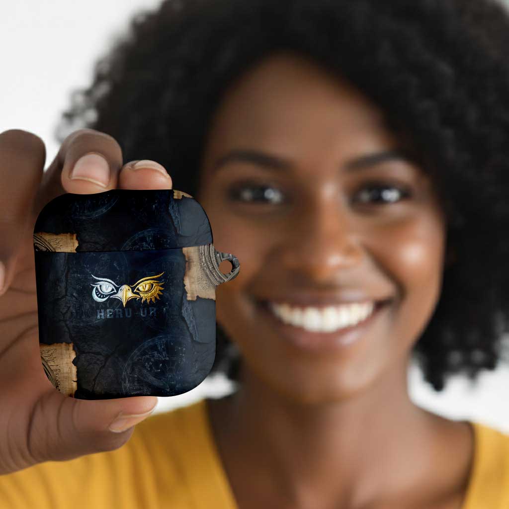 Heru-Ur Falcon Eyes AirPods Case Solar Disk Ancient Egyptian Mythology in Dark Stone