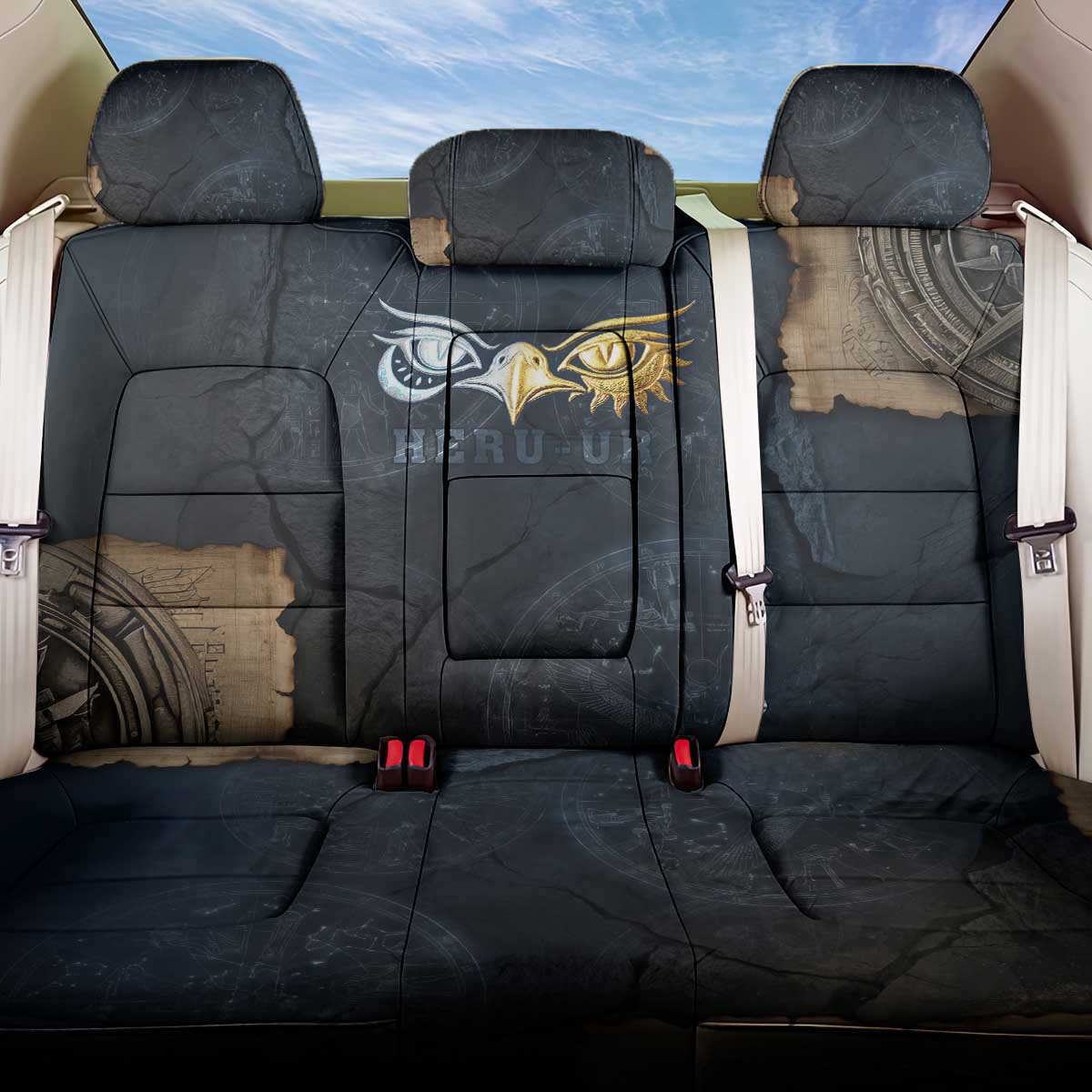 Heru-Ur Falcon Eyes Back Car Seat Cover Solar Disk Ancient Egyptian Mythology in Dark Stone