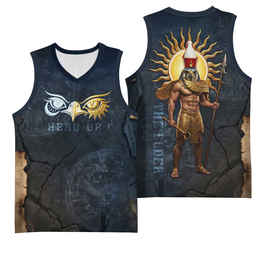 Heru-Ur Falcon Eyes Basketball Jersey Solar Disk Ancient Egyptian Mythology in Dark Stone