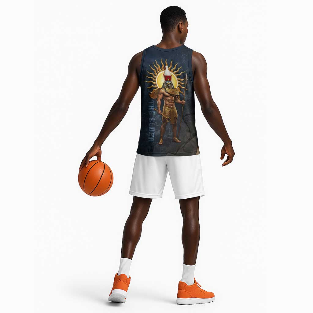 Heru-Ur Falcon Eyes Basketball Jersey Solar Disk Ancient Egyptian Mythology in Dark Stone