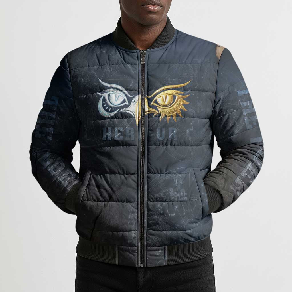 Heru-Ur Falcon Eyes Bomber Puffer Jacket Solar Disk Ancient Egyptian Mythology in Dark Stone