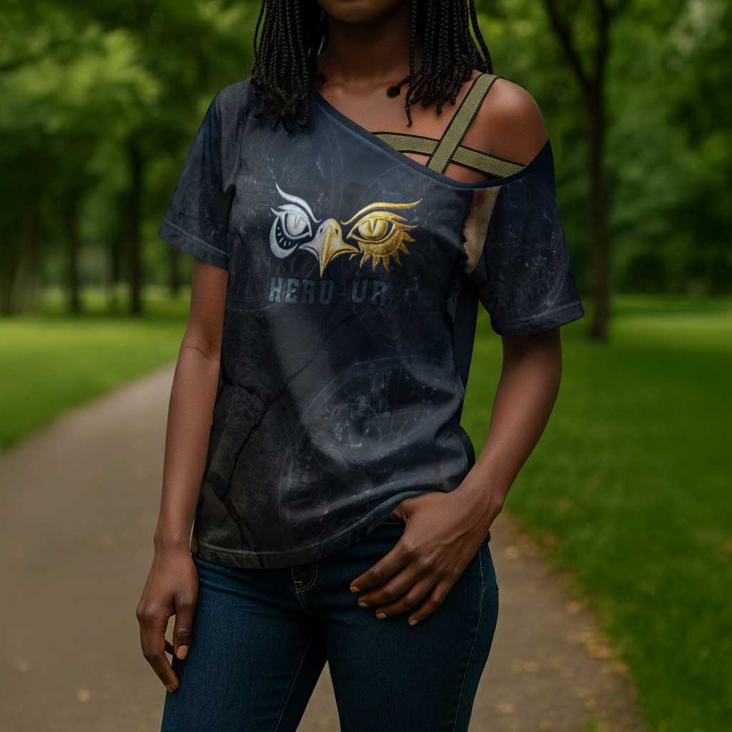 Heru-Ur Falcon Eyes Cross Shoulder Shirt Solar Disk Ancient Egyptian Mythology in Dark Stone