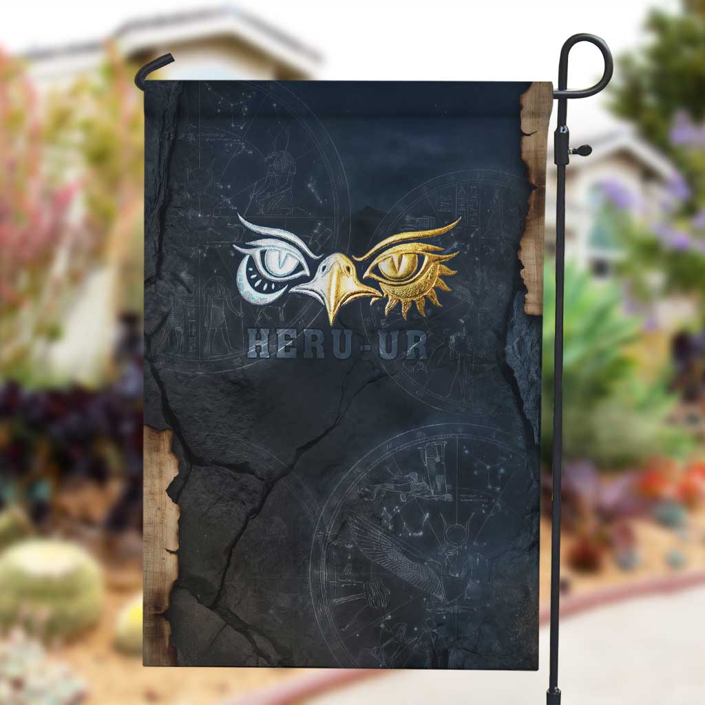Heru-Ur Falcon Eyes Garden Flag Solar Disk Ancient Egyptian Mythology in Dark Stone