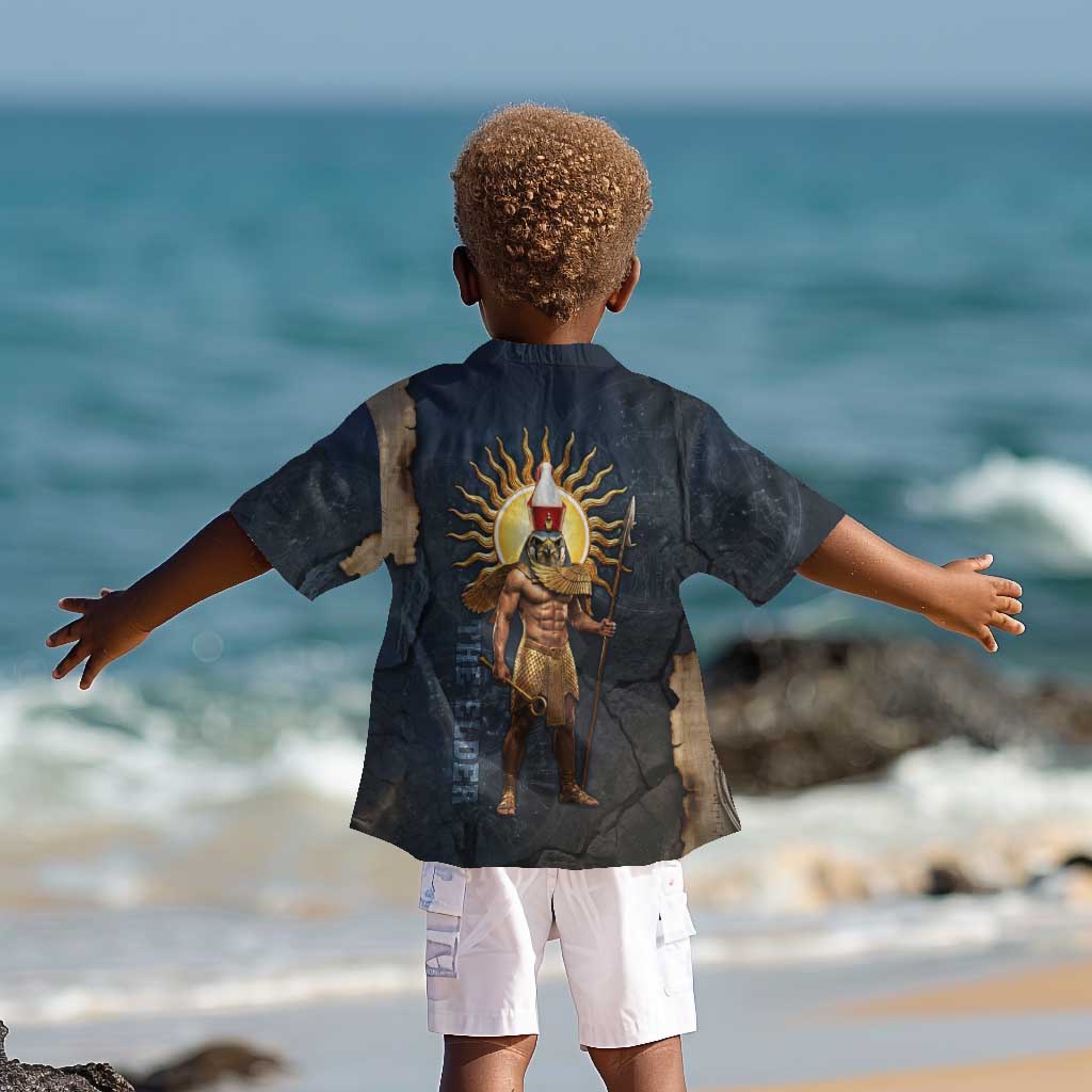 Heru-Ur Falcon Eyes Kid Hawaiian Shirt Solar Disk Ancient Egyptian Mythology in Dark Stone