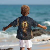 Heru-Ur Falcon Eyes Kid Hawaiian Shirt Solar Disk Ancient Egyptian Mythology in Dark Stone