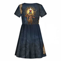 Heru-Ur Falcon Eyes Kid Short Sleeve Dress Solar Disk Ancient Egyptian Mythology in Dark Stone