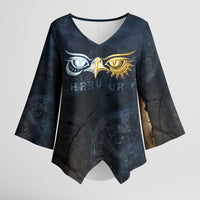 Heru-Ur Falcon Eyes Kimono Sleeve Blouse Solar Disk Ancient Egyptian Mythology in Dark Stone