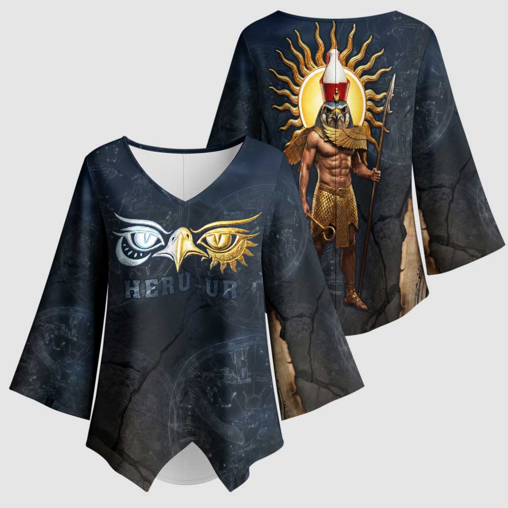 Heru-Ur Falcon Eyes Kimono Sleeve Blouse Solar Disk Ancient Egyptian Mythology in Dark Stone