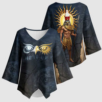 Heru-Ur Falcon Eyes Kimono Sleeve Blouse Solar Disk Ancient Egyptian Mythology in Dark Stone