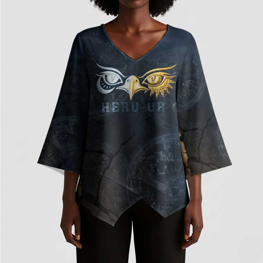 Heru-Ur Falcon Eyes Kimono Sleeve Blouse Solar Disk Ancient Egyptian Mythology in Dark Stone