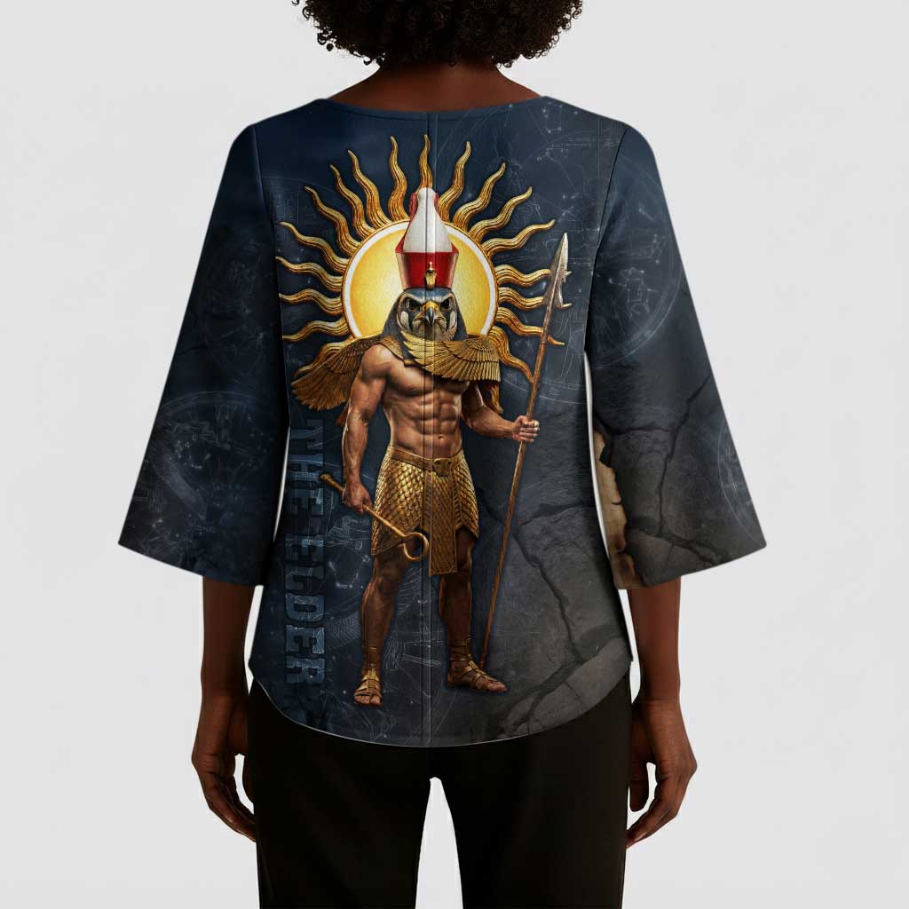 Heru-Ur Falcon Eyes Kimono Sleeve Blouse Solar Disk Ancient Egyptian Mythology in Dark Stone
