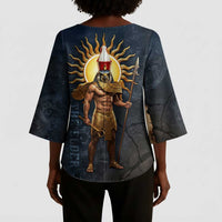 Heru-Ur Falcon Eyes Kimono Sleeve Blouse Solar Disk Ancient Egyptian Mythology in Dark Stone