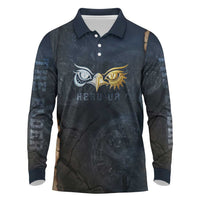 Heru-Ur Falcon Eyes Long Sleeve Polo Shirt Solar Disk Ancient Egyptian Mythology in Dark Stone