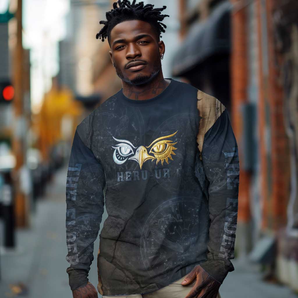 Heru-Ur Falcon Eyes Long Sleeve Shirt Solar Disk Ancient Egyptian Mythology in Dark Stone