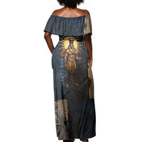 Heru-Ur Falcon Eyes Off Shoulder Maxi Dress Solar Disk Ancient Egyptian Mythology in Dark Stone