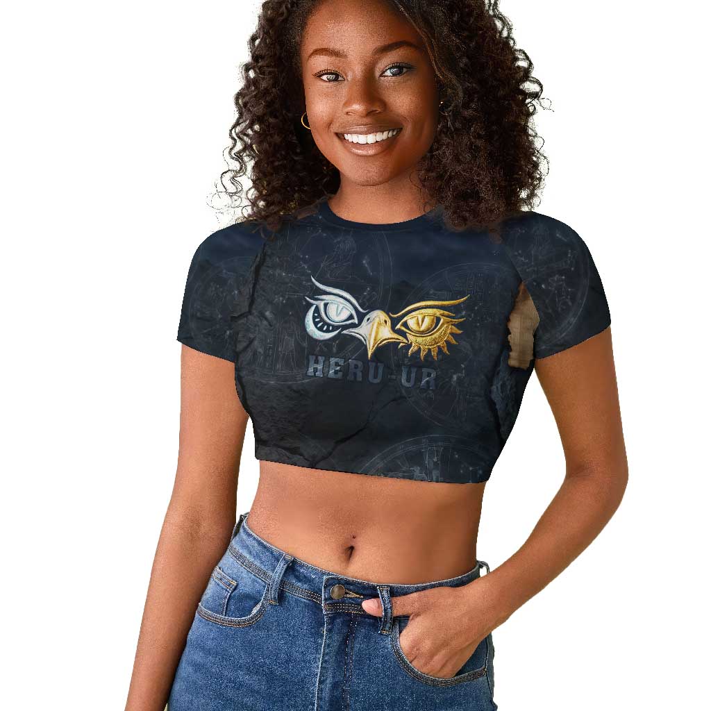 Heru-Ur Falcon Eyes Raglan Cropped T shirt Solar Disk Ancient Egyptian Mythology in Dark Stone