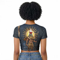 Heru-Ur Falcon Eyes Raglan Cropped T shirt Solar Disk Ancient Egyptian Mythology in Dark Stone