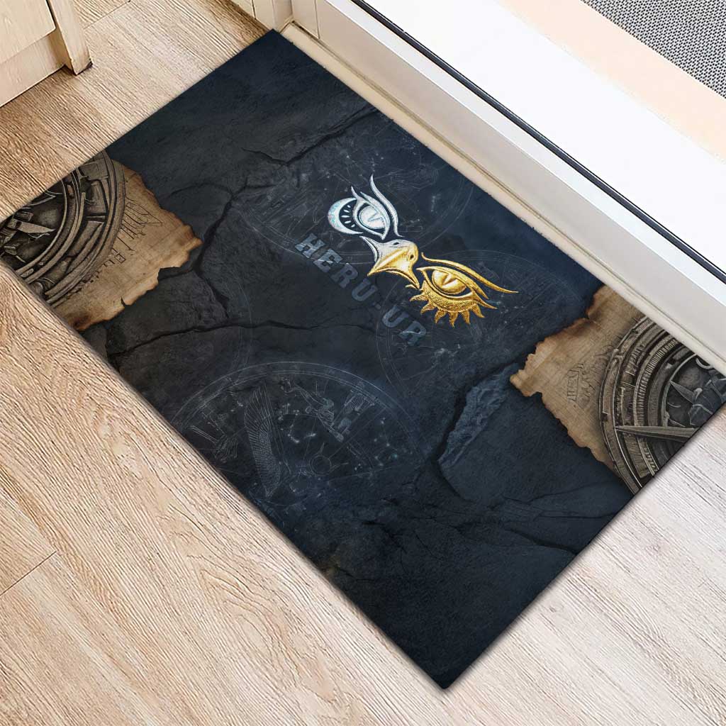 Heru-Ur Falcon Eyes Rubber Doormat Solar Disk Ancient Egyptian Mythology in Dark Stone