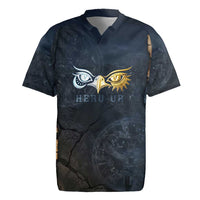 Heru-Ur Falcon Eyes Rugby Jersey Solar Disk Ancient Egyptian Mythology in Dark Stone