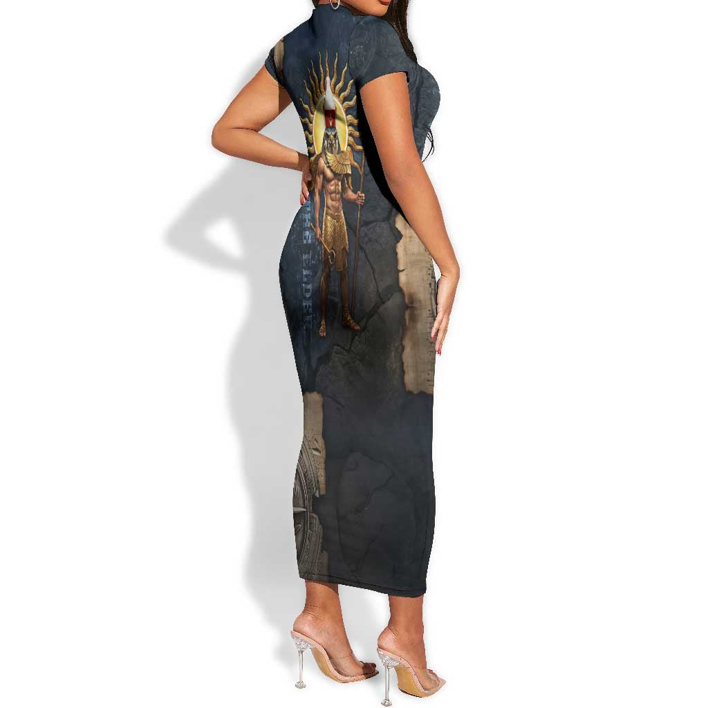 Heru-Ur Falcon Eyes Short Sleeve Bodycon Dress Solar Disk Ancient Egyptian Mythology in Dark Stone