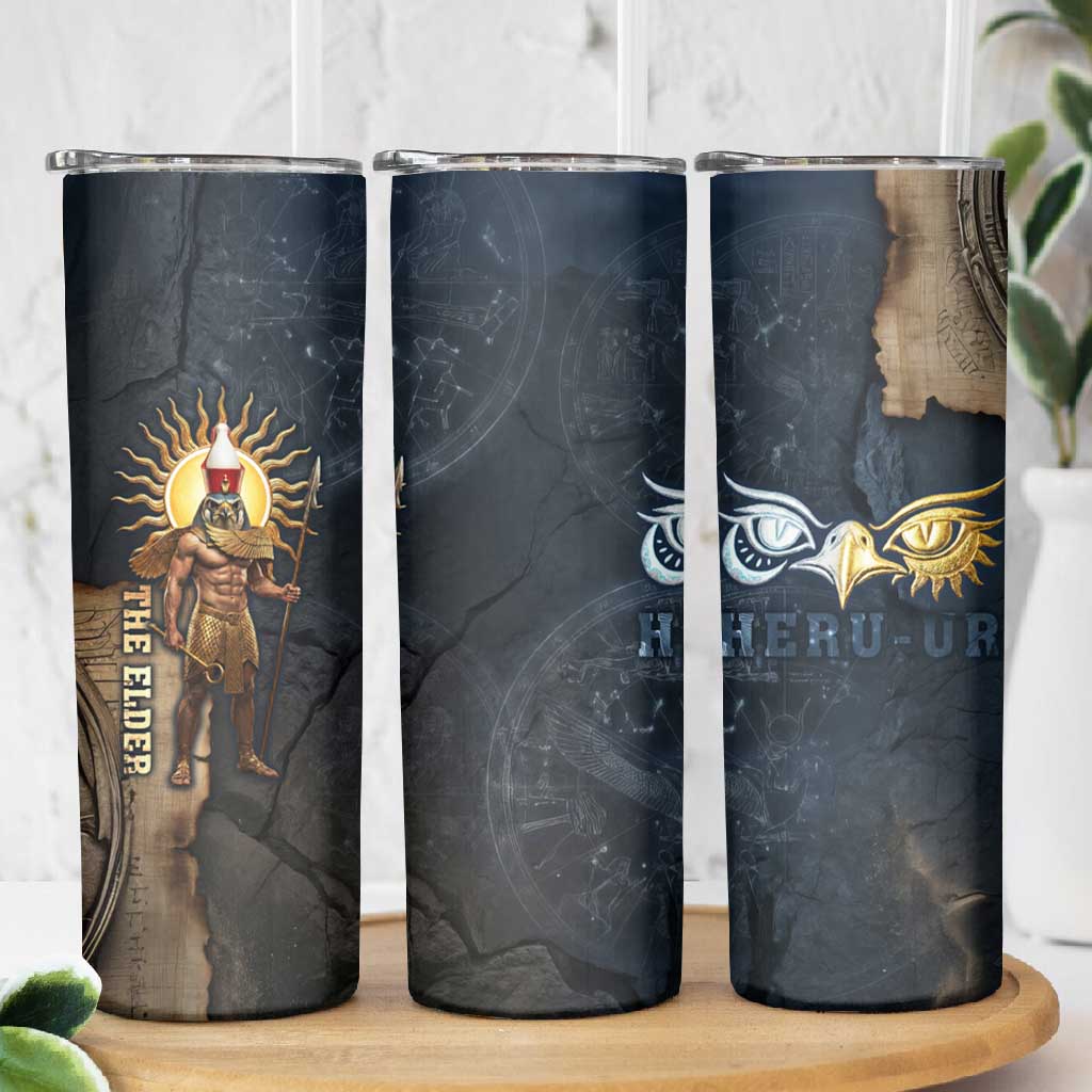 Heru-Ur Falcon Eyes Skinny Tumbler Solar Disk Ancient Egyptian Mythology in Dark Stone