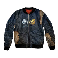 Heru-Ur Falcon Eyes Sleeve Zip Bomber Jacket Solar Disk Ancient Egyptian Mythology in Dark Stone