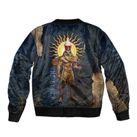 Heru-Ur Falcon Eyes Sleeve Zip Bomber Jacket Solar Disk Ancient Egyptian Mythology in Dark Stone