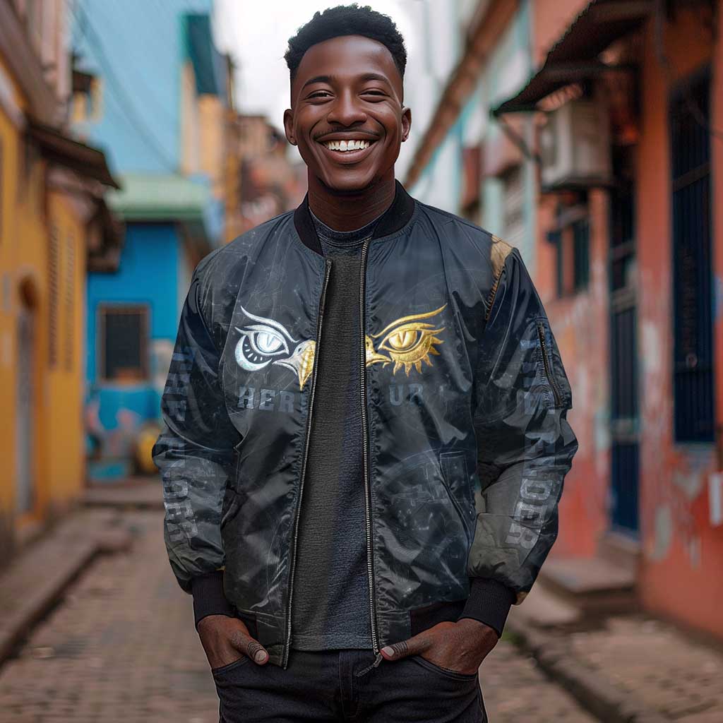 Heru-Ur Falcon Eyes Sleeve Zip Bomber Jacket Solar Disk Ancient Egyptian Mythology in Dark Stone