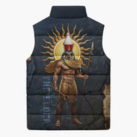 Heru-Ur Falcon Eyes Sleeveless Puffer Jacket Solar Disk Ancient Egyptian Mythology in Dark Stone