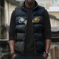 Heru-Ur Falcon Eyes Sleeveless Puffer Jacket Solar Disk Ancient Egyptian Mythology in Dark Stone