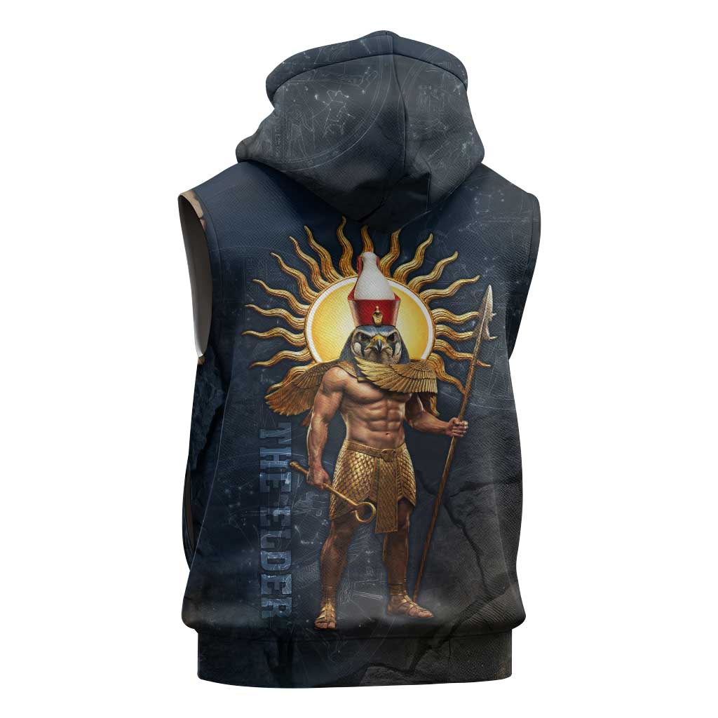 Heru-Ur Falcon Eyes Sleeveless Zip Hoodie Solar Disk Ancient Egyptian Mythology in Dark Stone