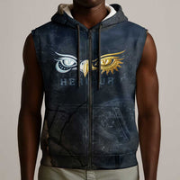 Heru-Ur Falcon Eyes Sleeveless Zip Hoodie Solar Disk Ancient Egyptian Mythology in Dark Stone