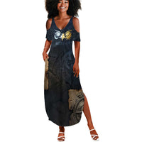 Heru-Ur Falcon Eyes Summer Maxi Dress Solar Disk Ancient Egyptian Mythology in Dark Stone