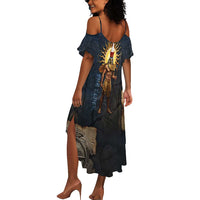 Heru-Ur Falcon Eyes Summer Maxi Dress Solar Disk Ancient Egyptian Mythology in Dark Stone