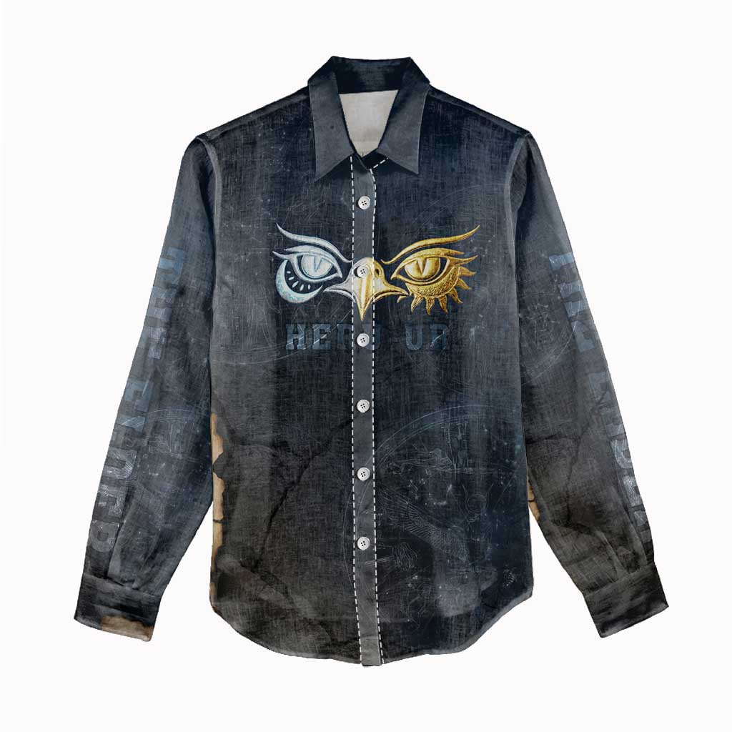 Heru-Ur Falcon Eyes Women Casual Shirt Solar Disk Ancient Egyptian Mythology in Dark Stone