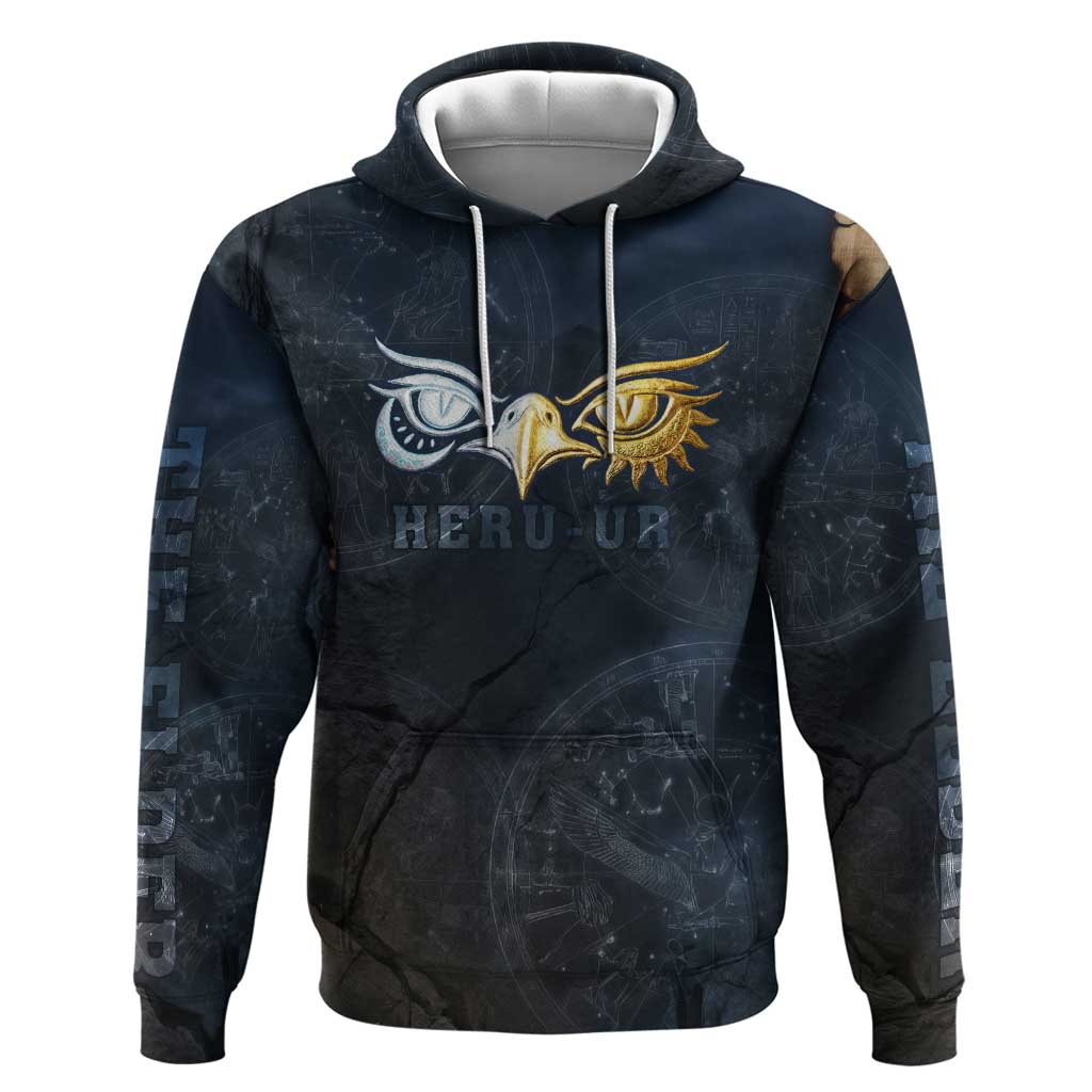 Heru-Ur Falcon Eyes Zip Hoodie Solar Disk Ancient Egyptian Mythology in Dark Stone