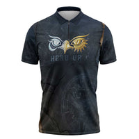 Heru-Ur Falcon Eyes Zipper Polo Shirt Solar Disk Ancient Egyptian Mythology in Dark Stone