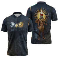 Heru-Ur Falcon Eyes Zipper Polo Shirt Solar Disk Ancient Egyptian Mythology in Dark Stone